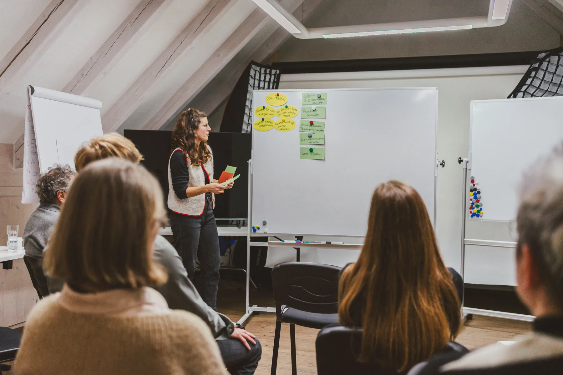 Alena moderiert einen Strategie-Workshop am Whiteboard, im Hintergrund das Problembild und die geplanten Themen